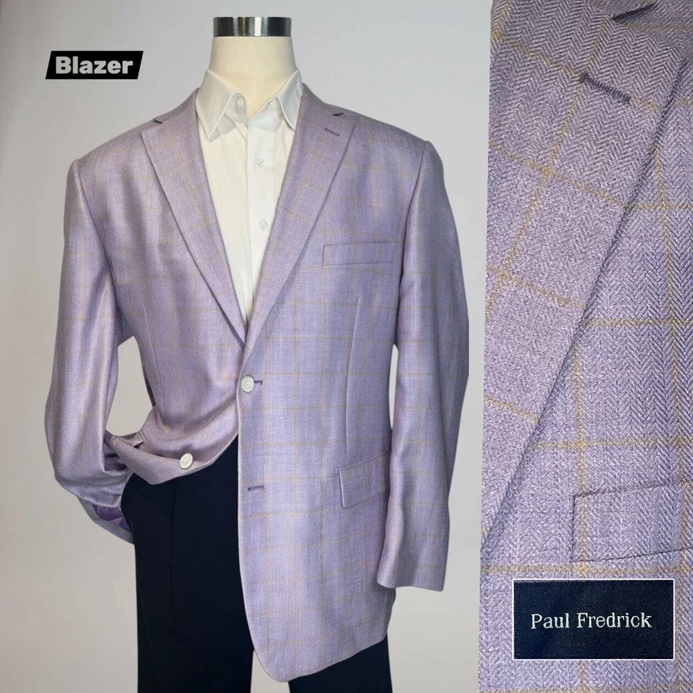 Paul Fredrick Blazer 50R Purple Lavender Camel Gold Plaid Herringbone Silk Wool